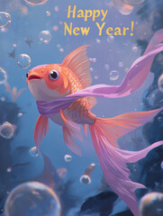 Charming New Year Illustrations with cheerful goldfish wearing a tiny scarf, swimming through bubbles: Cute Holiday Designs for Cards, Wallpapers, T-Shirts, Posters & Decor