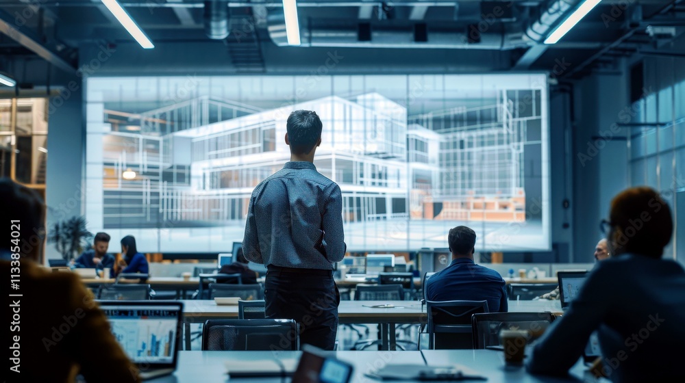 Poster professional team meeting in modern office with large screen displaying architectural design and pro