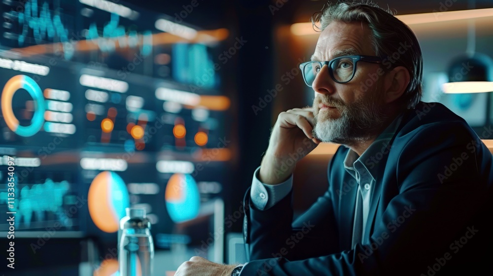 Poster thoughtful businessman analyzing data insights in modern office while sitting at desk with water bot
