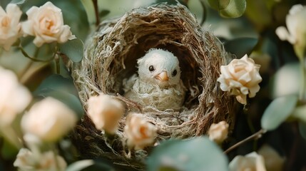 Fototapeta premium Adorable Fluffy Baby Bird in Nest Surrounded by Roses