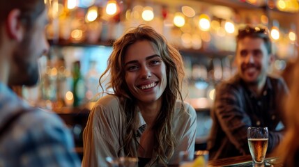 Fototapeta premium Young Woman Smiling at Friends in Cozy Bar Setting with Warm Lighting and Cheerful Atmosphere during Social Gathering Night Out