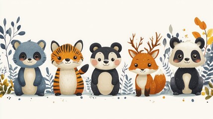 Obraz premium Cute cartoon animals in a row.