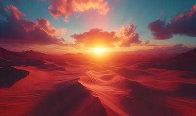 A stunning sunset over rolling desert dunes, showcasing vibrant colors and dramatic clouds.