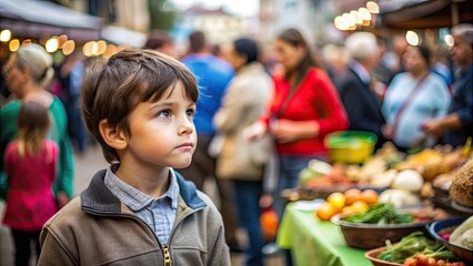 Obraz premium A young boy at outdoor food market, looking thoughtful amidst a bustling crowd.