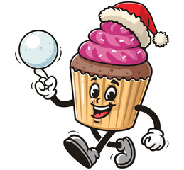 Cupcake playing snowballs and wearing a christmas hat,  Cartoon Character Mascot Illustration Vector Clip-art Hand-drawn Logo Design