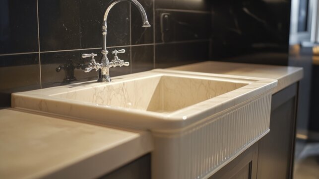 Farmhouse kitchen sink with chrome faucet and dark cabinetry.
