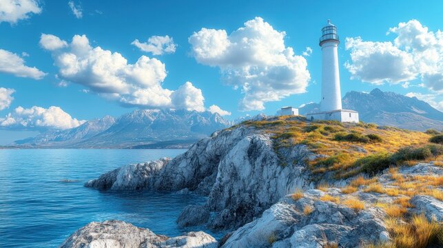 White lighthouse on a rocky coast with mountains and a clear blue sea under a partly cloudy sky.