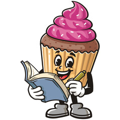 Cupcake with book,  Cartoon Character Mascot Illustration Vector Clip-art Hand-drawn Logo Design