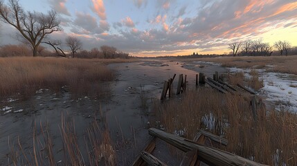 Serene winter sunset over a frozen river, with remnants of a dilapidated dock and tall grasses.