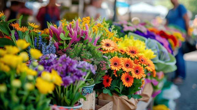 Vibrant Flower Market Display with Colorful Blooms and Fresh Arrangements in a Lively Outdoor Setting