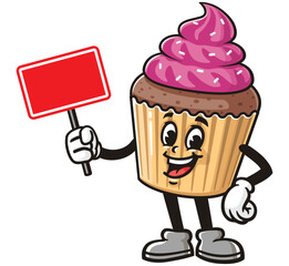 Cupcake with blank sign board,   Cartoon Character Mascot Illustration Vector Clip-art Hand-drawn Logo Design