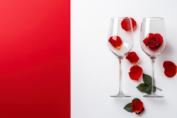 Romantic wine toast with red roses elegant table setting minimalist art indoor close-up love and connection concept