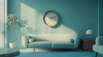 A living room with a white couch and a clock on the wall