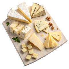 Assorted cheese types arranged on a wooden board with nuts and mint, photographed on a transparent background, concept of gourmet food