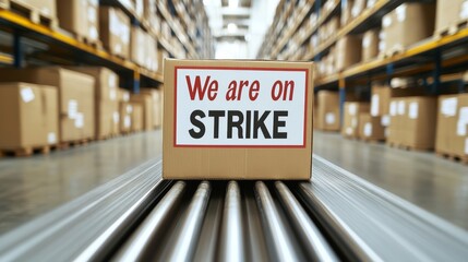 Cardboard Box With Strike Message on Conveyor Belt in Warehouse Setting, Labor Dispute Concept.