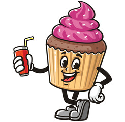 Cupcake with soft drink,  Cartoon Character Mascot Illustration Vector Clip-art Hand-drawn Logo Design