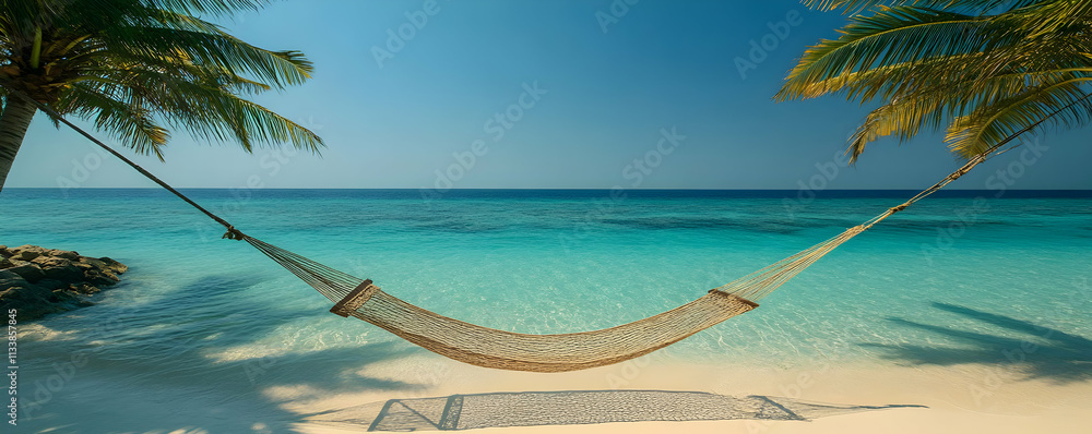 Poster a tranquil beach scene featuring a hammock between palm trees by the ocean.