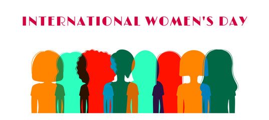 International Womens day horizontal banner. 8 march. Poster with different silhouettes of women. Flat vector illustration