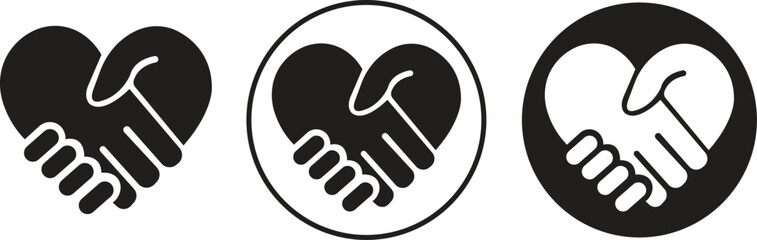 Handshake heart icons set in flat styles. Signs friendship or partnership vectors. Peace and love symbols. Sign of agreement suitable for web design and mobile apps isolated on transparent background.