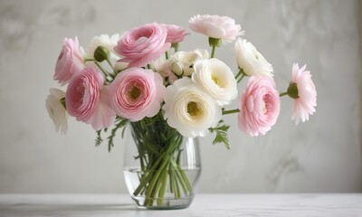 Obraz premium Soft focus pink and white ranunculus blossoms in a glass vase, soft colors, delicate
