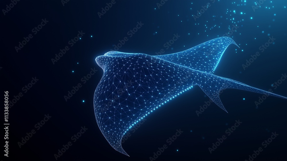 Poster abstract eagle ray with dark blue background, designed in low poly wireframe with lines and glowing 