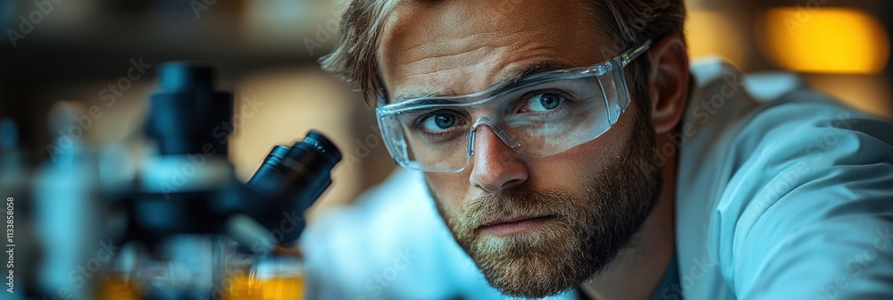 Poster focused scientist using a microscope in a laboratory.