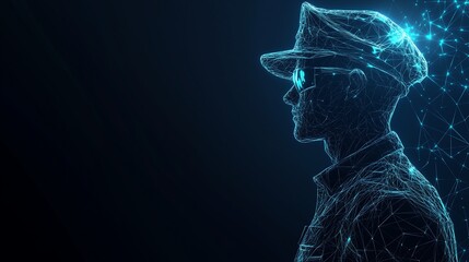 Abstract Customs Officer with Dark Blue Background, Featuring Low Poly Wireframe, Geometric Lines, Copy Space, and Glowing Particles for a Modern and Minimalist Aesthetic.