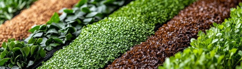 Panoramic view of diverse microgreens in a lush garden setting