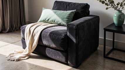 Generative AI, Modern close-up of a velvet sofa with minimalist decor