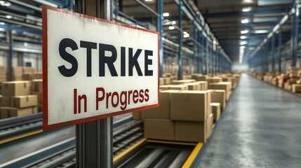 Obraz premium Strike In Progress Sign Above Conveyor Belt In Distribution Warehouse Full Of Cardboard Box Packages. Post office on strike