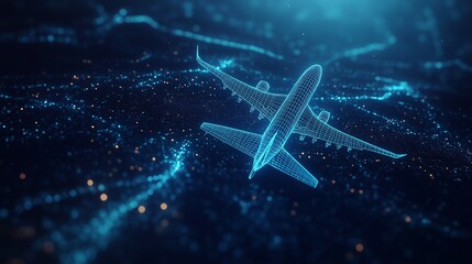 A glowing wireframe airplane in motion, digital grid paths, dark blue background, innovative transportation, and high-tech aviation design.