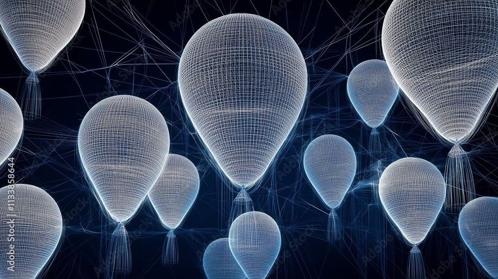 Poster wireframe balloons resembling abstract shapes, floating above a seamless dark blue background with g