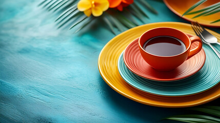 A vibrant table setting with colorful plates and a cup of coffee, surrounded by tropical decor.