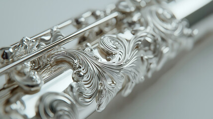 A silver flute with a floral design on it