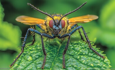 Fototapeta premium Extreme close-up of a vibrant, colorful insect with striking red eyes perched on a lush green leaf. A detailed macro photograph showcasing intricate details.
