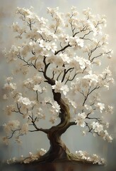 This digital artwork showcases a stunning bonsai tree adorned with delicate white blossoms. The intricate details of the branches and the soft hues create a sense of peace and tranquility.  