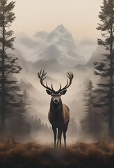 A majestic stag with large antlers stands in a misty forest clearing, with imposing mountains visible in the background. The scene evokes a sense of wilderness and natural beauty.