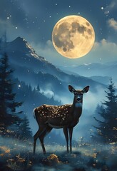 A deer stands in a forest clearing under a large, bright full moon. Mountains are visible in the background, creating a serene and peaceful nighttime landscape.