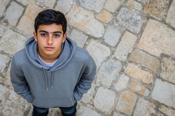 Fototapeta premium Teenage Boy in Grey Hoodie Looking Upwards Stone Pavement Background Youth Portrait