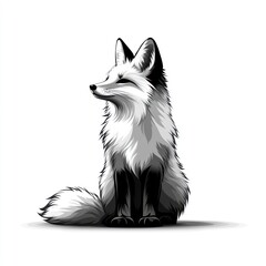Obraz premium Majestic monochrome fox sitting, looking right, isolated on white.