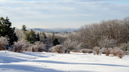 Winter wonderland in New Hampshire with snow-covered landscape and frosty trees