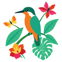 Colorful birds sitting on a tree branch surrounded by tropical flowers and wildlife