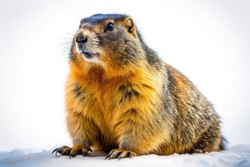 Fototapeta premium Low-light wildlife photography captures a marmot's full body against a stark white backdrop; a captivating rodent image.