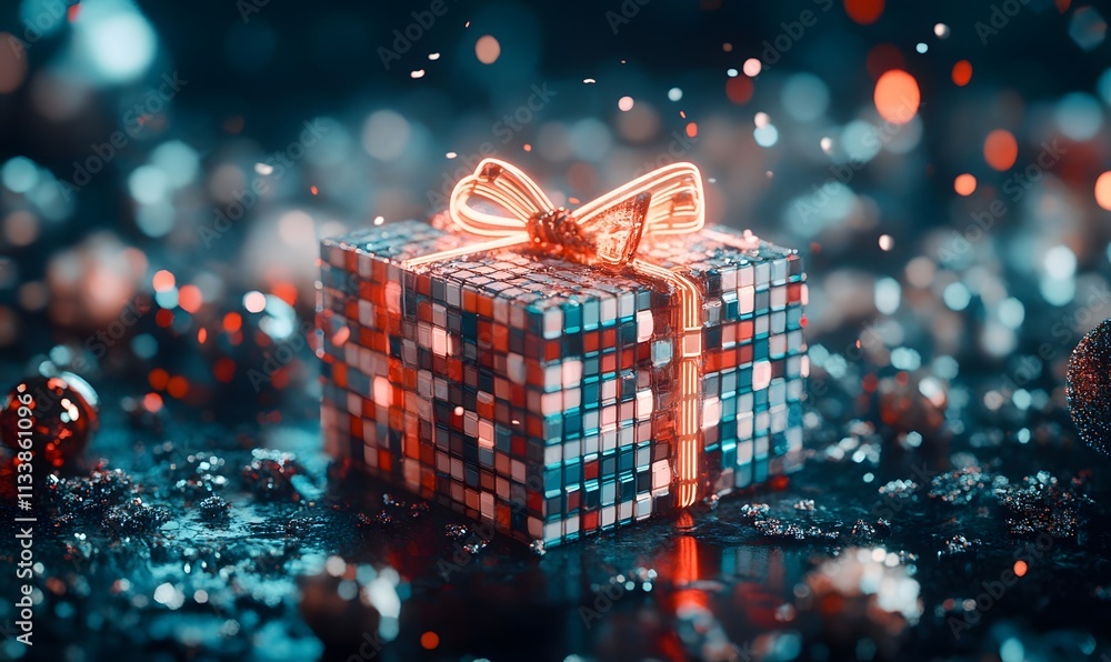 Poster Glowing gift box with red bow and bokeh on dark surface.