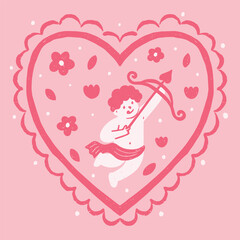 A cute cupid surrounded by a heart, shooting an arrow, perfect for Valentine's Day-themed decorations and designs.