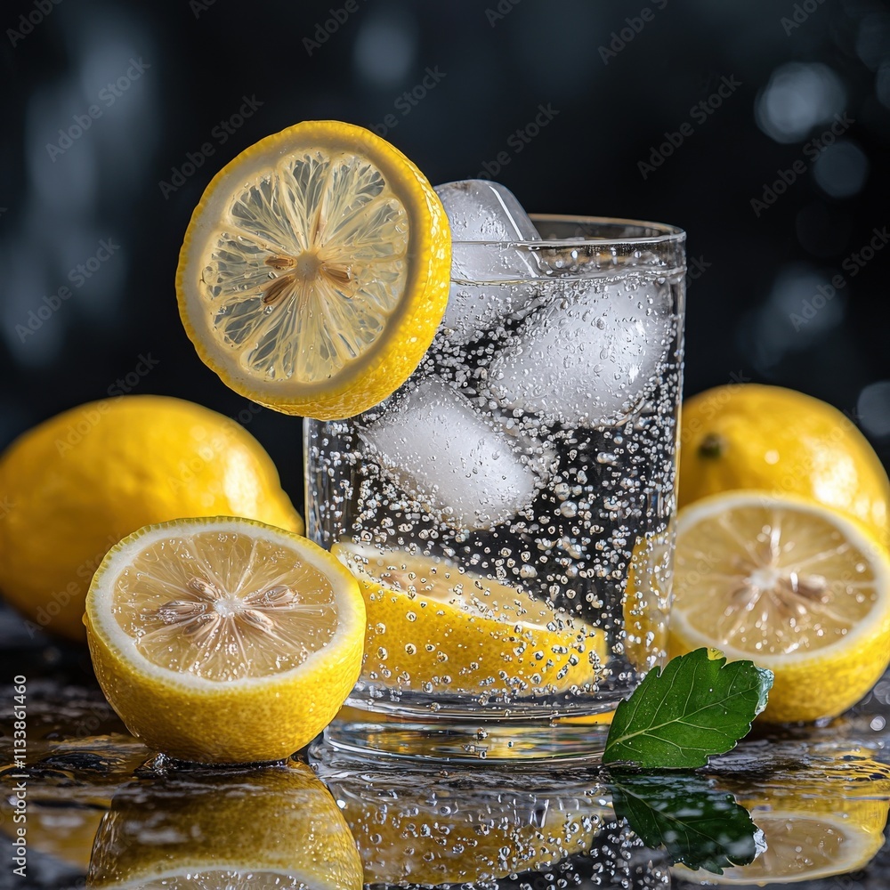 Aufkleber refreshing lemon and sparkling water drink in a glass with ice cubes. close-up shot showing the bubb