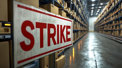 Distribution Warehouse Strike, Empty Aisles, Packages, and a Sign Demanding Better Conditions