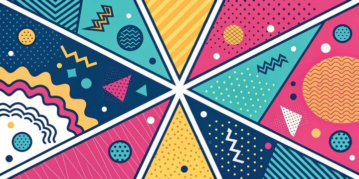 A vibrant, geometric design featuring a playful mix of shapes, patterns, and colors arranged in a radial composition