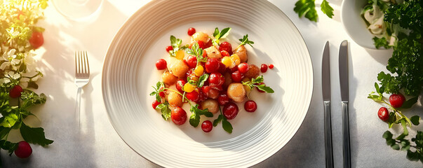 A vibrant dish featuring melons and cherry tomatoes, garnished with fresh herbs.