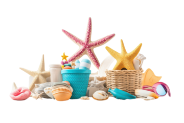 Vibrant Collection of Beach Items Including a Towel, Sunscreen, and Flip-Flops with isolated on transparent background